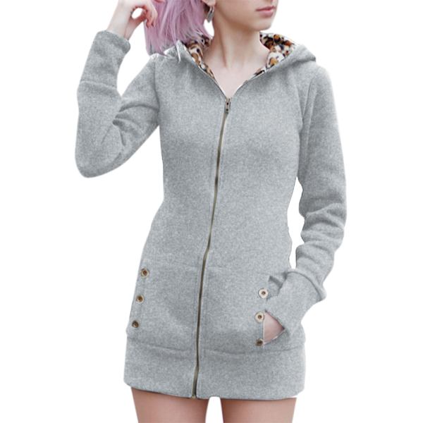 Vinter dame hættejakke fortykket plus fleece leopard sweaterjakke - Gray M