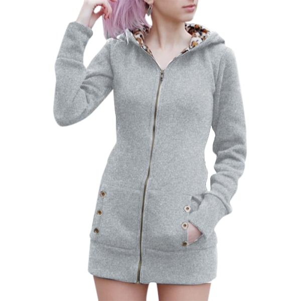 Vinter Kvinnor Hooded Thickened Plus Fleece Leopard Sweater Jacka -1 Gray M
