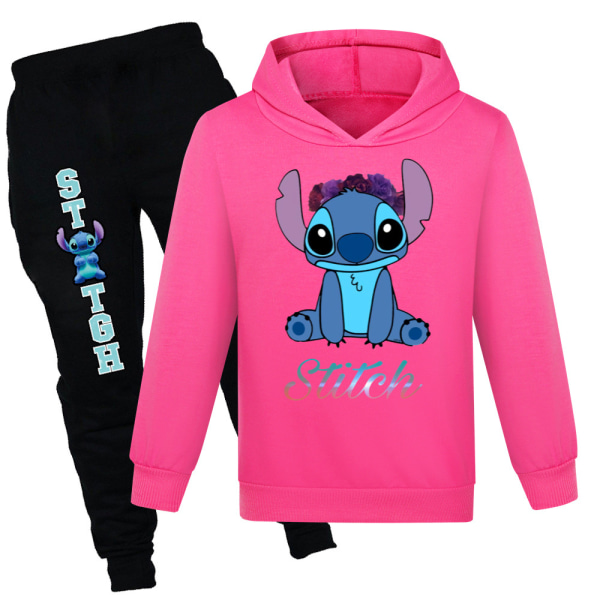 Lilo and Stitch Børne træningsdragt T-shirt hættetrøje Sport Top Pants Z Rose red 160cm