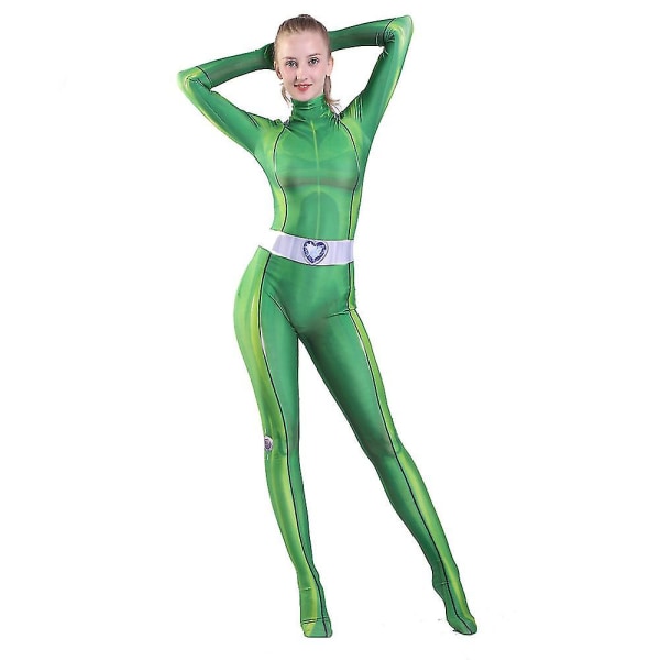 Totally Spies Cosplay kostym för kvinnor och flickor Anime Clover Sam Alex Bodysuit Suit Zentai W Green Adult L