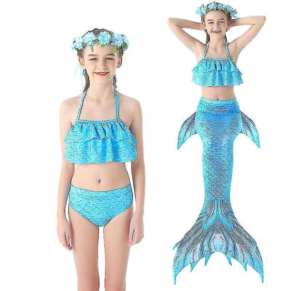 3 stk. Mermaid Badetøj til Svømning Mermaid Kostume V Blå2 Blue 120 cm