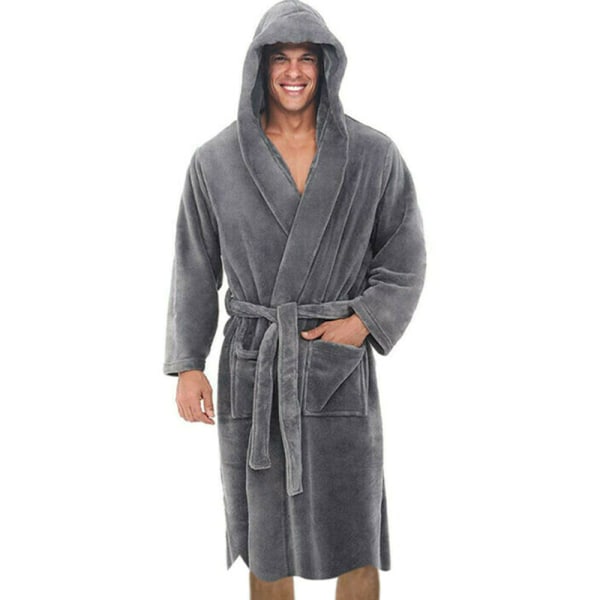 Män långärmad badrock med mjuk loungebadklädningsrock - Grey L