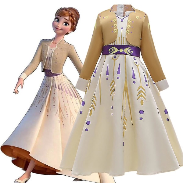 Frozen Anna Princess Cosplay Langermet Kjole Barn Jenter Snow Queen Fancy Dress Up Halloween Julefest Performance Kostyme 9*10 år