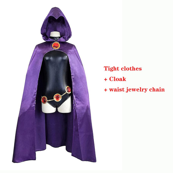 Teen Titans Raven Cosplay kostym uperhjältemantel Jumpsuits Zentai Halloween tighta kläder + Cape + midja smyckekedja S