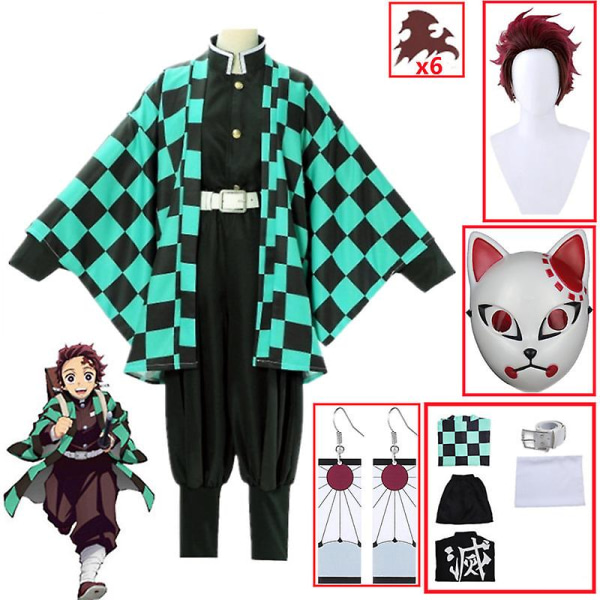 Demon Slayer Kimetsu No Yaiba Tanjirou Kamado Cosplay Kostume Kimono Kappe Halloween Fest Anime Tøj Uniform Sæt W A5 M