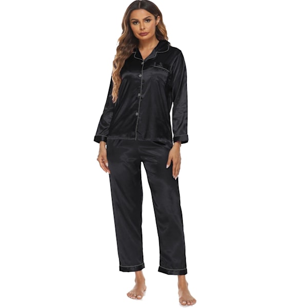 Silky Satin set i två delar för kvinnor: Buttondown Loungewear W Black M