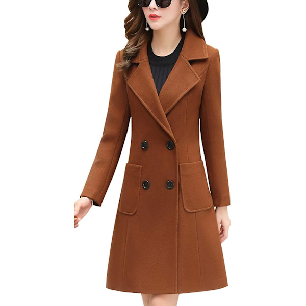 Kvinnor Vinter Elegant Coat Naggad krage Dubbelknäppt Ull Blend Overcoat W Brown XL