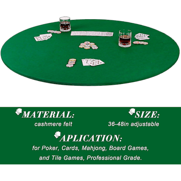 Poker- ja Bridge-pöytäpeite joustavalla kankaalla pöydille 36-48 tuumaa, pelivarusteet