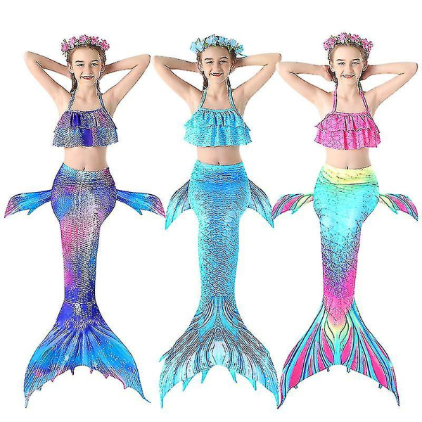 3 stk jenter badedrakter havfrue for svømming havfrue kostyme V - Purple 130 cm