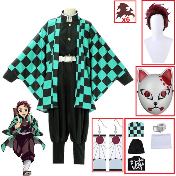 Demon Slayer Kimetsu No Yaiba Tanjirou Kamado Cosplay Kostume Kimono Kappe Halloween Fest Anime Tøj Uniform Sæt W A3 XL