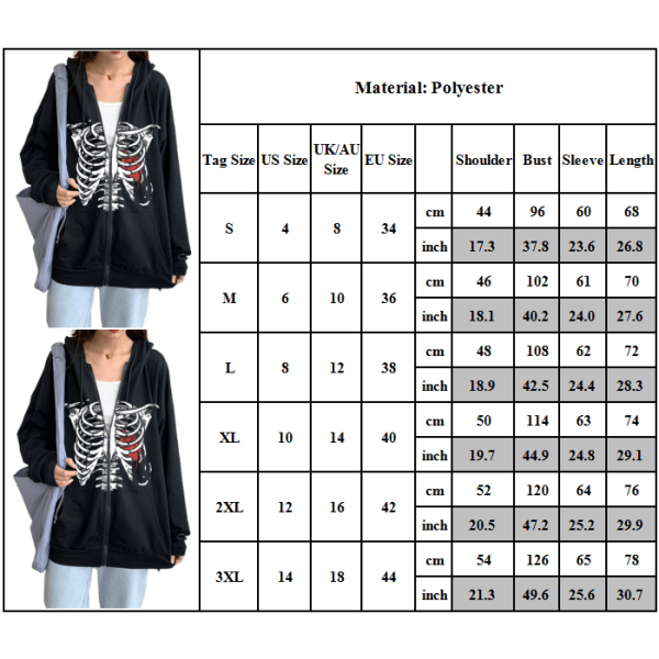 Unisex hættetrøjer Oversiked Rhinestone Skeleton Hættetrøje Sweatshirt k M