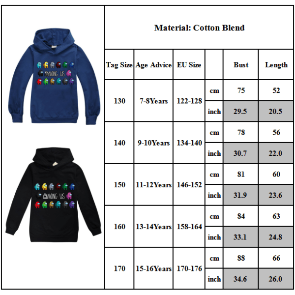 Blandt os Børn 3D Casual 3D Printet Sweatshirt Hættetrøjer Pullover V dark bule 170cm