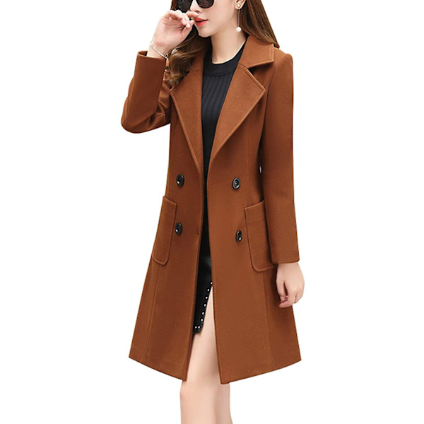 Kvinnor Vinter Elegant Coat Naggad krage Dubbelknäppt Ull Blend Overcoat W Brown L