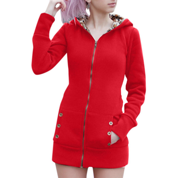 Vinter dame hette fortykket pluss fleece leopard jakke - Red S