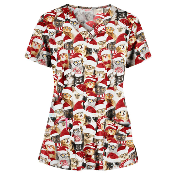 Christmas Nurse Uniform Dame V-hals Print T-skjorte Uformell Kortermet Pocket Topper W 4 L