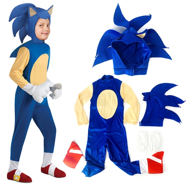 Sonic The Hedgehog Cosplay kostymeklær for barn, gutter, jenter - Overall + Mask + Handskar 10-14 år = EU 140-164