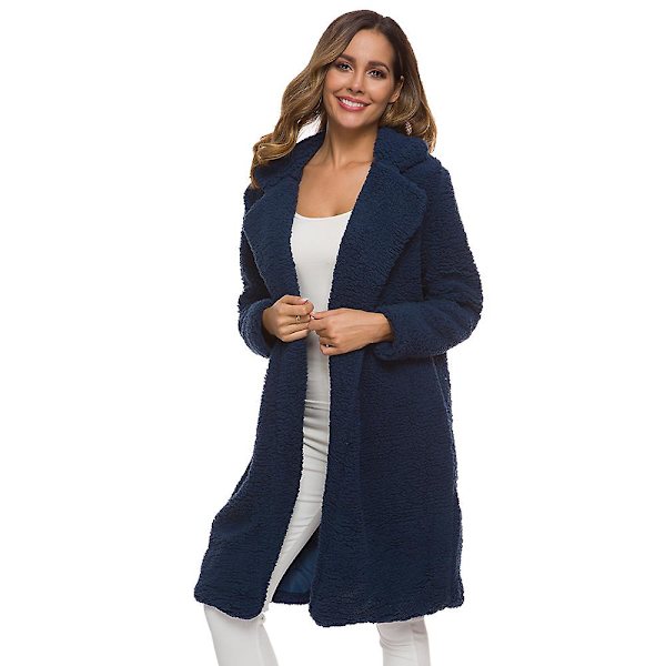 Dame i plysj jakkeslag lang jakke vinter fleece parka langermet trench coat vinterjakke CNMR - Navy Blue 2XL