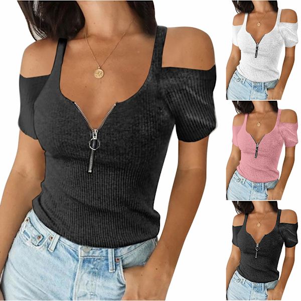 Kvinders ren farve afslappet sommertop lynlås off Shoulder T-shirt Z X Pink L