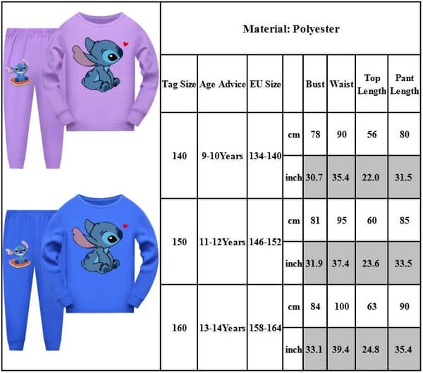 2kpl Lasten Pyjama Stitch Pitkähihainen Pullover Set Yöasut y purple 160cm