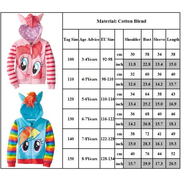 Kid Rainbow Girl My Little Pony Hættetrøje Wings Jakke Sweater Gift k Light blue 100cm