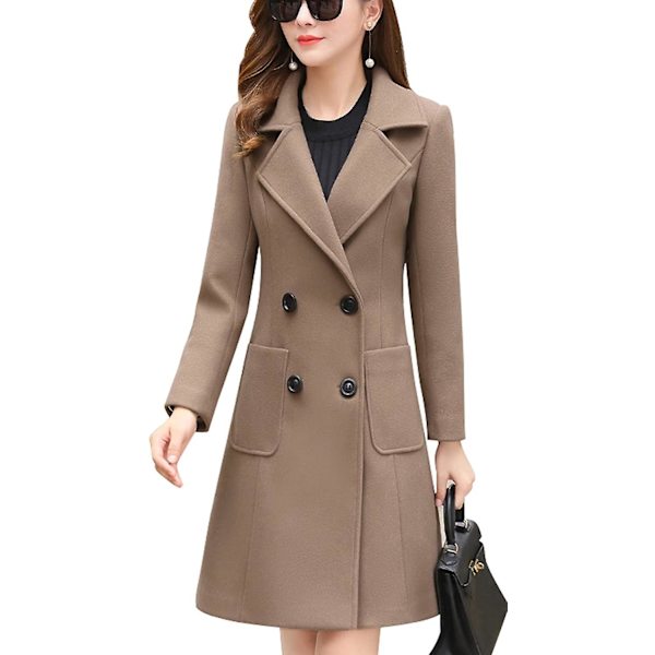 Kvinnor Vinter Elegant Coat Naggad krage Dubbelknäppt Ull Blend Overcoat W Khaki 2XL
