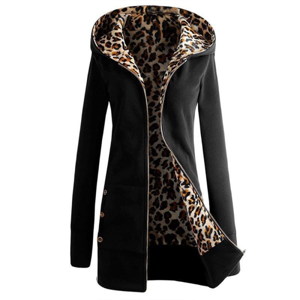 Vinter Kvinnor Hooded Thickened Plus Fleece Leopard Sweater Jacka -1 Black 3xl