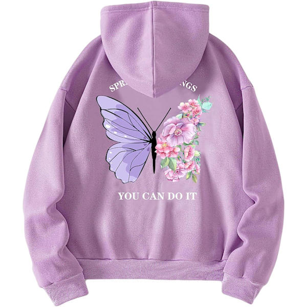 HAUFR naisten kirjekuvioinen pitkähihainen kiristysnyörillinen huppari Z X Purple Butterfly X-Large