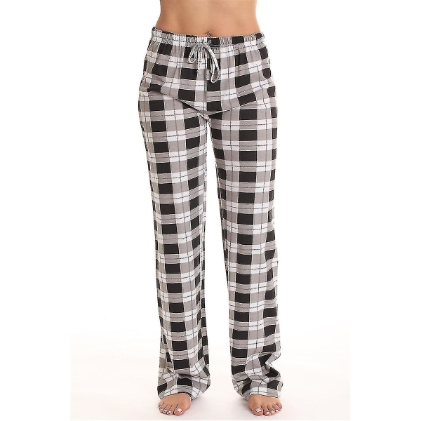 Pyjamasbyxor för kvinnor med fickor, mjuka flanellrutiga pyjamasbyxor för kvinnor V black XXL