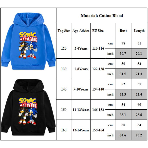 Sonic Fashion Cartoon Print Hættetrøje Sød skjorte til børn Drenge H black 150cm
