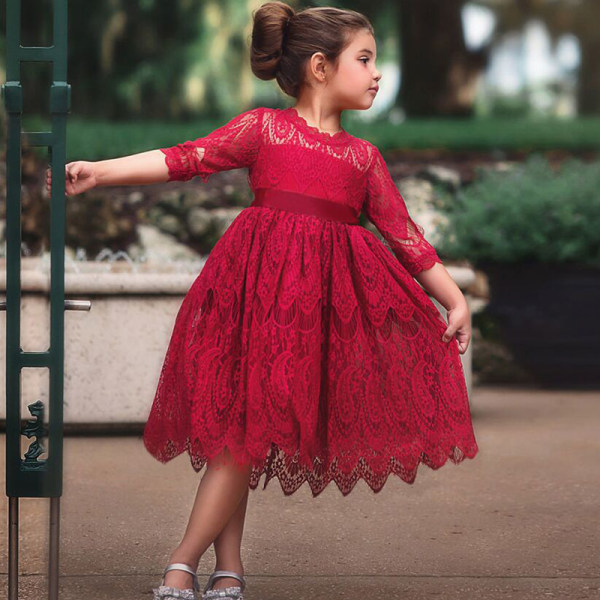 Spets prinsessklänning _ födelsedagsfest temperament flickklänning _ S vY red 120cm