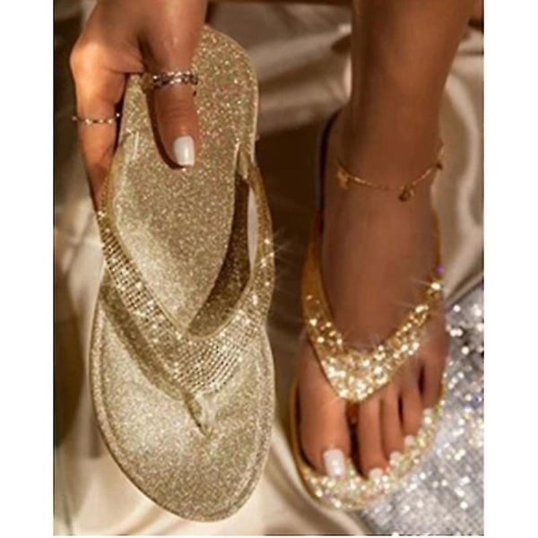 Dame Rhinestone Flat Slippers Slip On Sandaler Beach Flip Flops. Silver 36