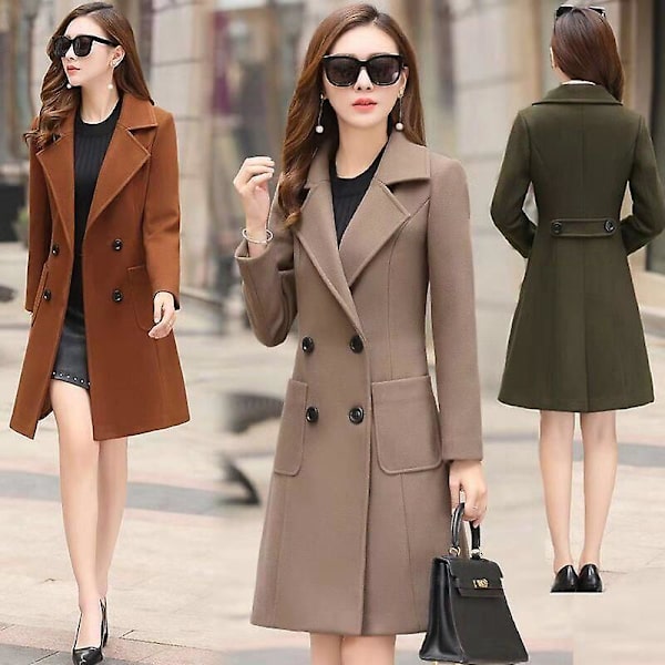 Kvinnor Vinter Elegant Coat Naggad krage Dubbelknäppt Ull Blend Overcoat W Khaki 2XL