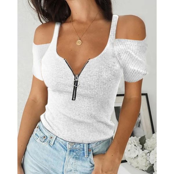 Kvinders ren farve afslappet sommertop lynlås off Shoulder T-shirt Z X Pink L