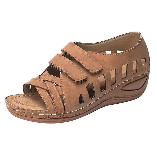 Sommer kvinners sandaler, hule kiler Spenne plattform fritidssko. Brown 42