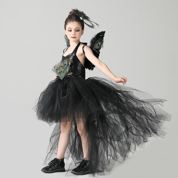 Halloween kostym Barn Tjej Svart Klänning Toppkjol Cosplay Kostym Hårnålar Vingar Z X 3 PCS  2 XL(8-9Y)