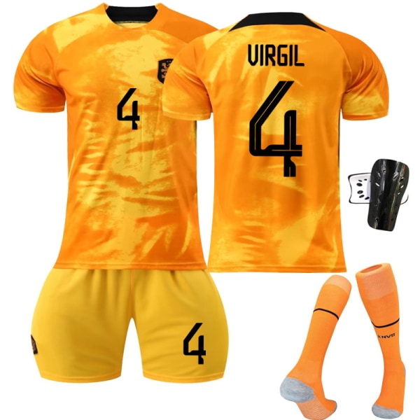 2223 Holland Hjem VM Oransje fotballdrakt barnefotballdrakt Uirgil nummer 4 med sokker beskyttelsesutstyr - 2xl