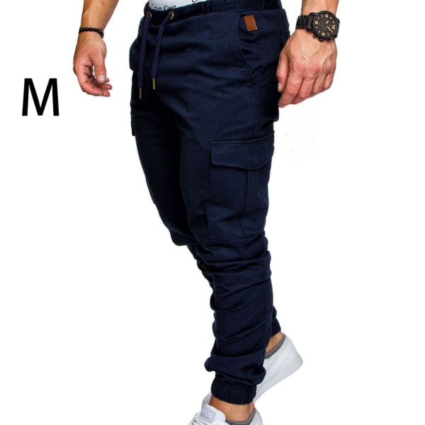 Mænds lommebukser Casual Elastisk snor ode lange bukser - Navy Blue M