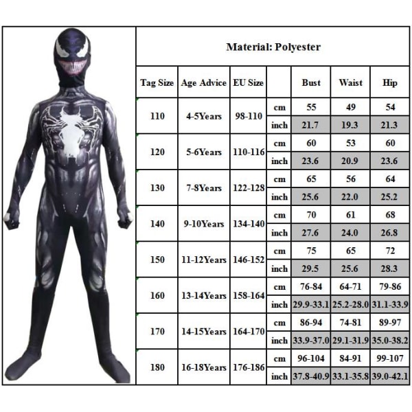 Børn Drenge Venom Superhero Playsuit Jumpsuit Cosplay kostumer. 160cm