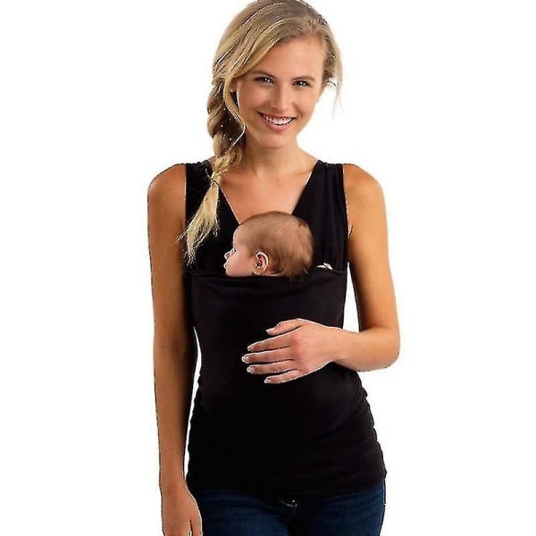 Baby kenguru vest T-skjorte med stor lomme herre kvinner pappa mamma omsorg Bonding skjorter W black women 2XL