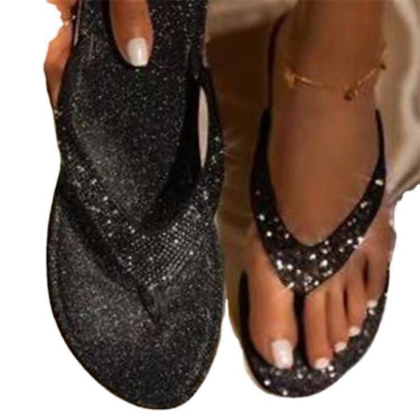 Damer Rhinestone platt tofflor Slip On Sandaler Beach Flip Flops . Black 41