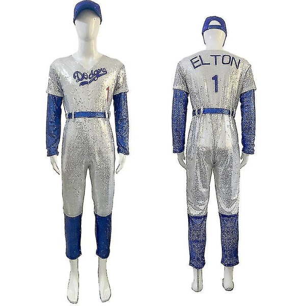 Vuxna Cosplay Bodysuit Rocketman Elton John Kostym Baseball Uniform Jumpsuit med Cap Hatt Bälte Halloween Carnival Fancy Party - XXL