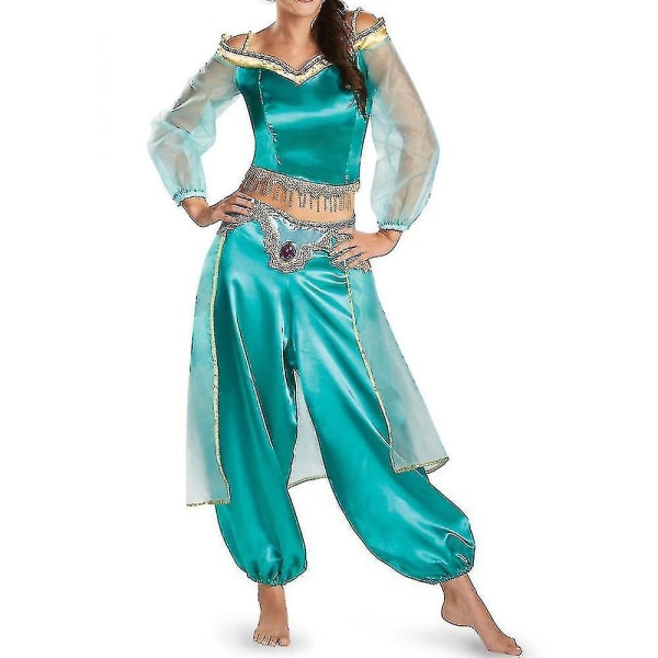 Nya kvinnor Aladdin Alibaba Jasmine Cosplay Kostym Princess Fancy Dress Outfit Z Blue Green 2XL