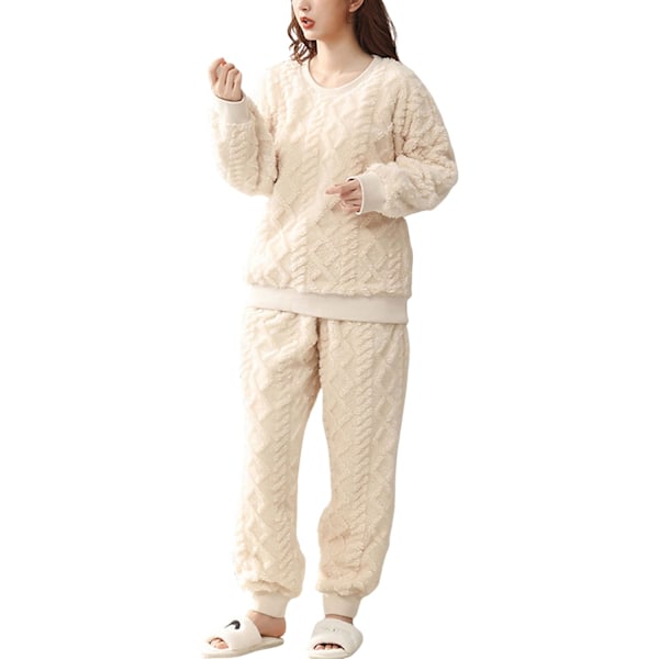 HAUFR Dame Fluffy Fleece Pyjamas Sæt 2 Del Varm Fleece Pyjamas Sæt Blødt Nattøj Langærmede Rundhals Lommer Bukser -1 Apricot X-Large