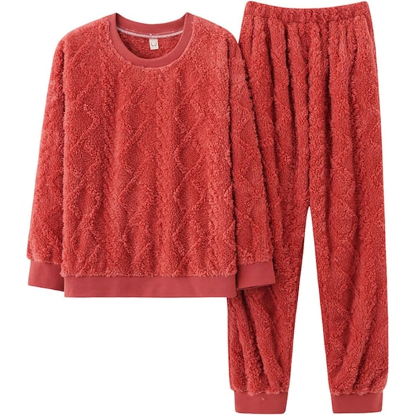 HAUFR Dame Fluffy Fleece Pysjamas Set 2 Del Varm Fleece Pyjamas Set Mykt Nattøy Langermet Crewneck Lommer Bukser -1 Orange Red Small