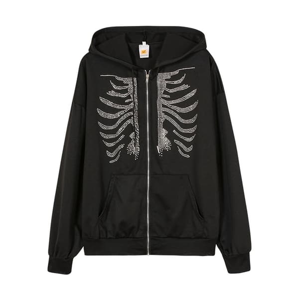 Unisex Zip Oversized Rhinestone kull Hettegenser genser Jakke - black S