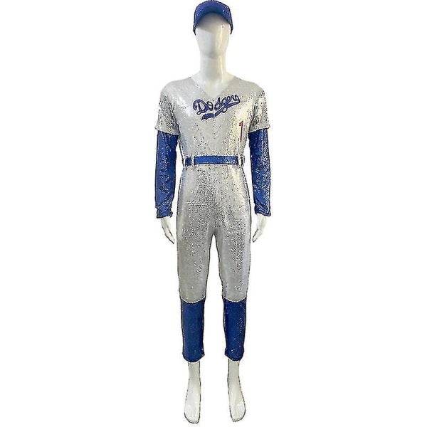 Vuxna Cosplay Bodysuit Rocketman Elton John Kostym Baseball Uniform Jumpsuit med Cap Hatt Bälte Halloween Carnival Fancy Party - L