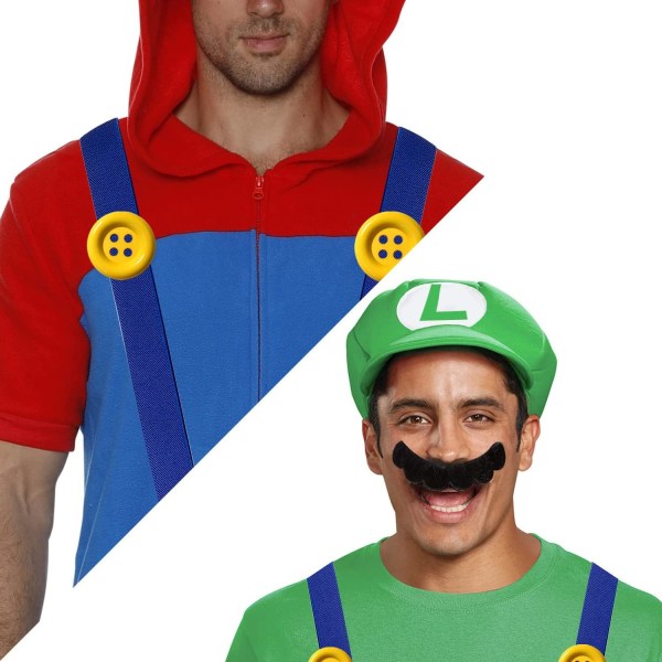 Super Mario Bros Mario og Luigi Hattar Kepsar Mustascher Handskar Knappar Cosplay Kostym