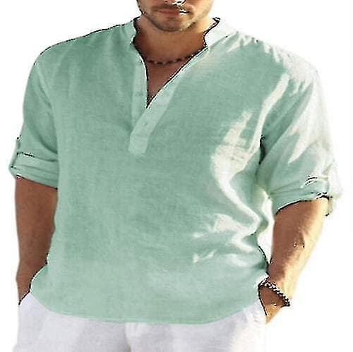 Herr linne långärmade skjortor Solid ös Casual Shirt Blus Top Bomull Sommar Light green L