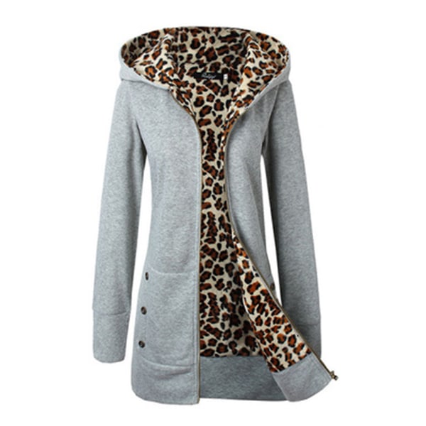 Vinter Kvinnor Hooded Thickened Plus Fleece Leopard Sweater Jacka -1 Gray XL