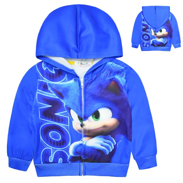 Kids Sonic Print Blue Zip Jacket Hettegenser Vinter Outdoor Gutter Jente 140cm